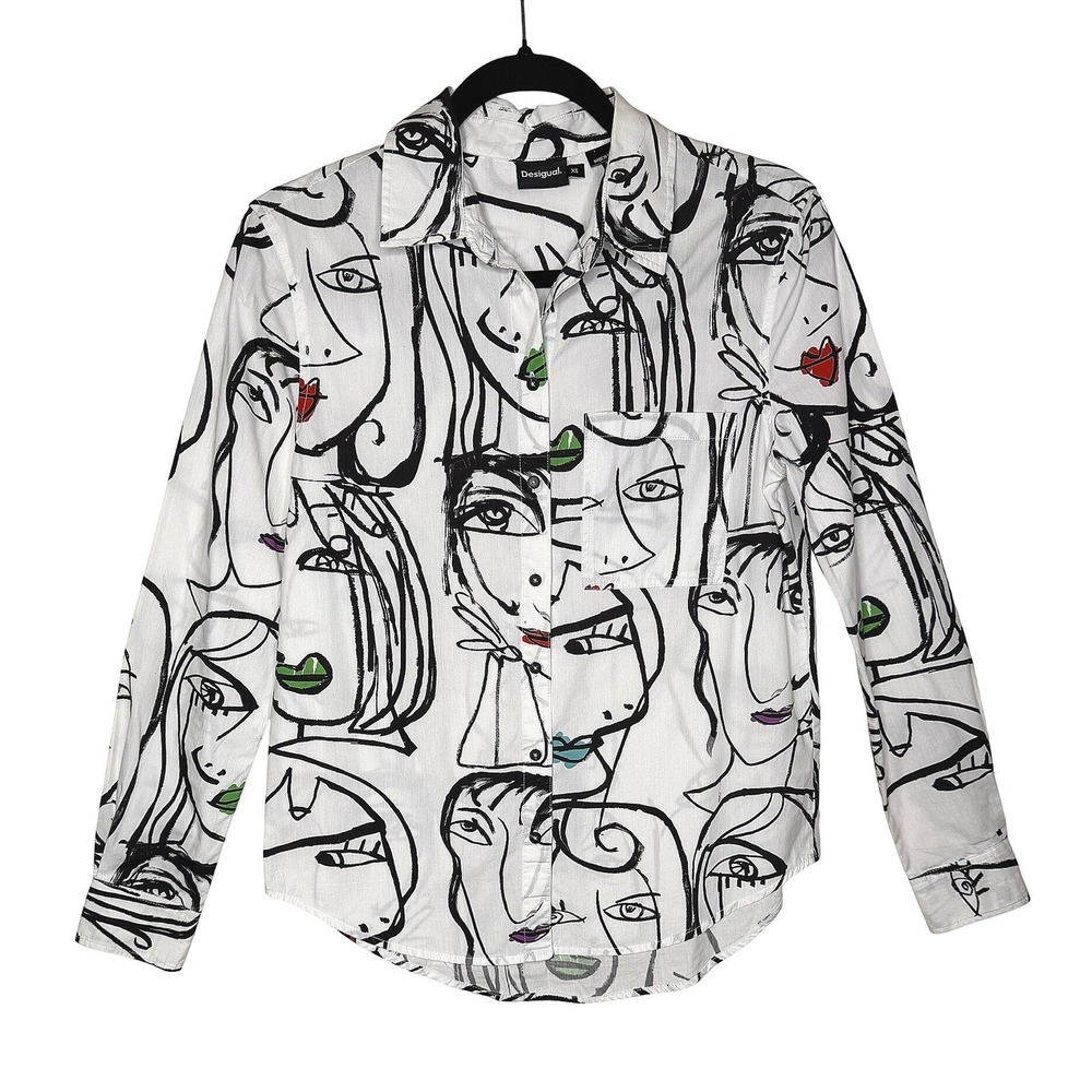 Desigual Artistic Face Shirt Women's XS White Cotton Poetcore Pop Art Quirky